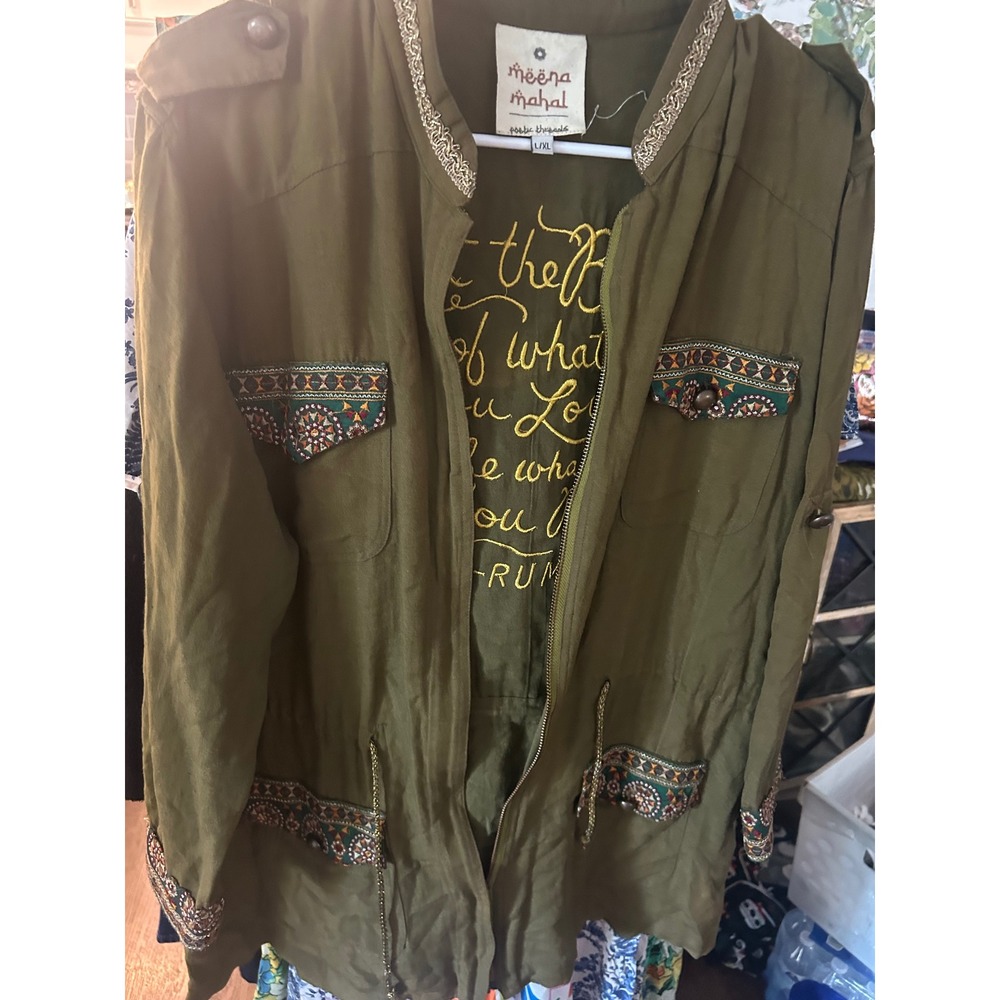 Meena Mahal Utility Jacket Green Embroidered Rumi Quote Linen Blend Boho L/XL